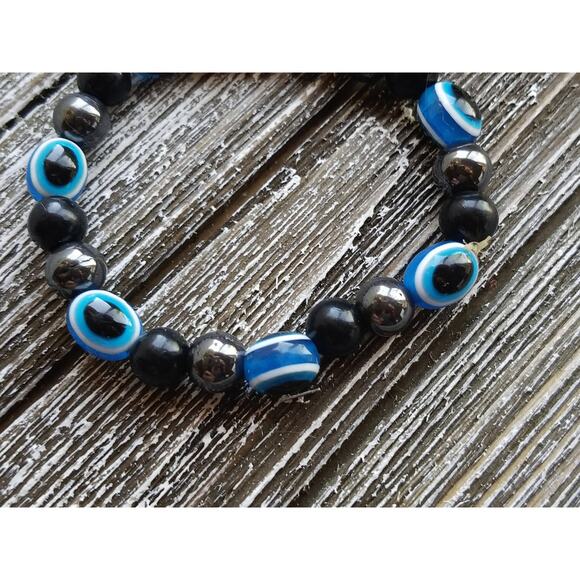 Vintage Black and Blue Glass Bead Bangle Bracelet,  Classic Stacking Bracelets, - Picture 2 of 8